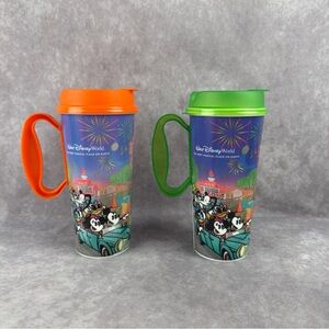 Disney World Plastic Refillable Travel Mug Set - Orange & Green NWOT